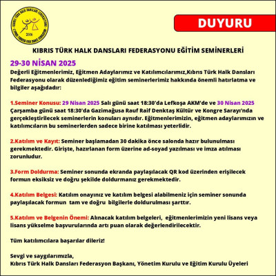 KIBRIS TÜRK HALK DANSLARI FEDERASYONU  EĞİTİM SEMİNERLERİ DUYURUSU