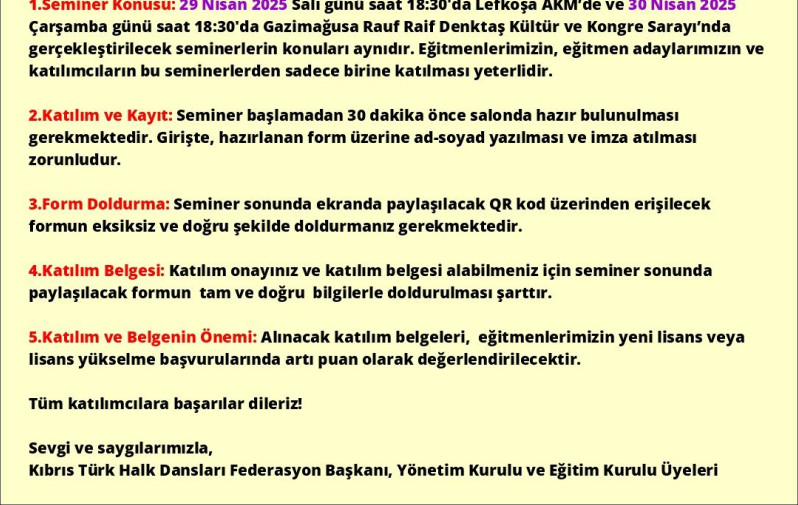 KIBRIS TÜRK HALK DANSLARI FEDERASYONU  EĞİTİM SEMİNERLERİ DUYURUSU